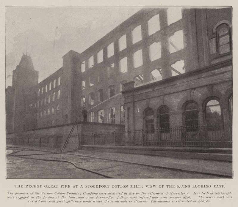 Nedávný velký požár v továrně na bavlnu Stockport, pohled na ruiny při pohledu na východ od English Photographer