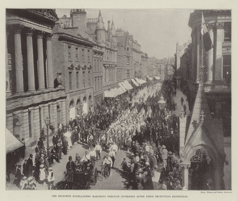 Seaforth Highlanders pochodující Inverness po jejich náborové expedici od English Photographer