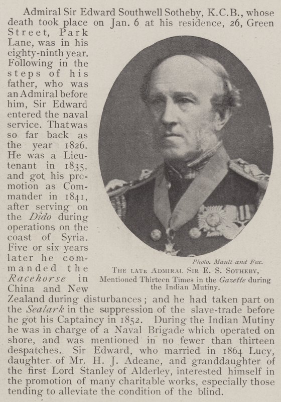 Zesnulý admirál Sir E S Sotheby, zmíněný Třináctkrát v Gazette během indické vzpoury od English Photographer