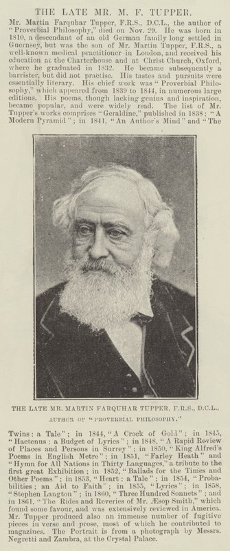 Zesnulý pan Martin Farquhar Tupper, FRS, DCL, autor Proverbial Philosophy od English Photographer