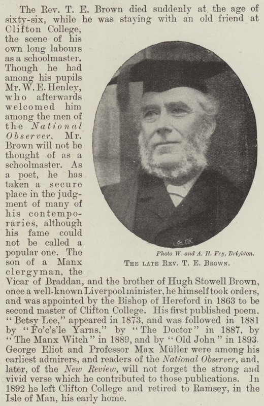 Zesnulý reverend T E Brown od English Photographer