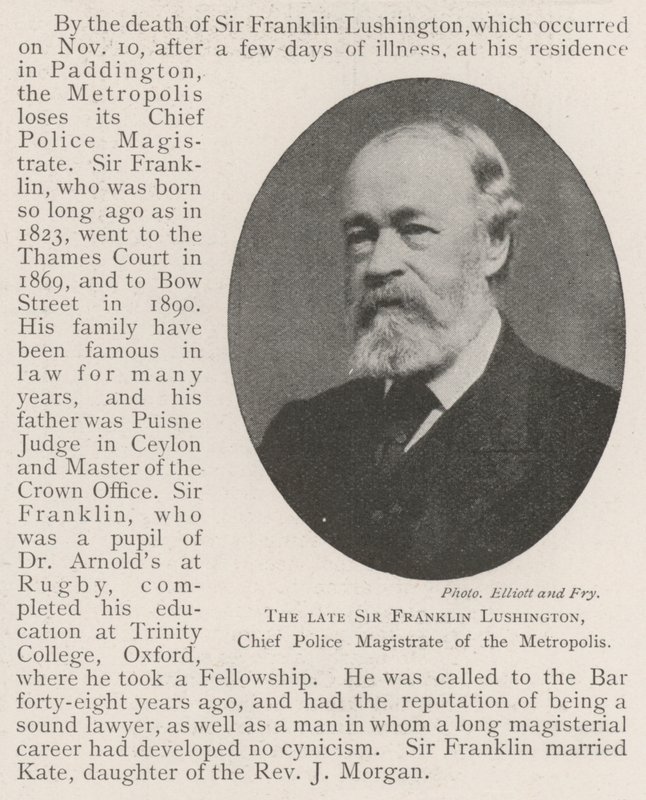 Zesnulý sir Franklin Lushington, hlavní policejní smírčí soudce metropole od English Photographer