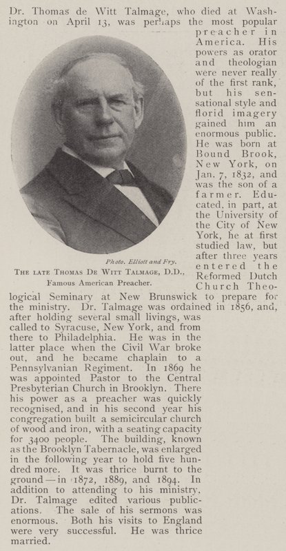 Zesnulý Thomas de Witt Talmage, DD, slavný americký kazatel od English Photographer