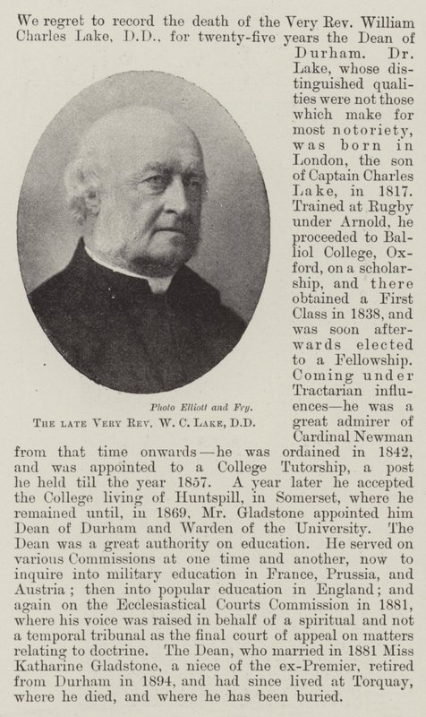 Zesnulý Very Reverend W C Lake, DD od English Photographer