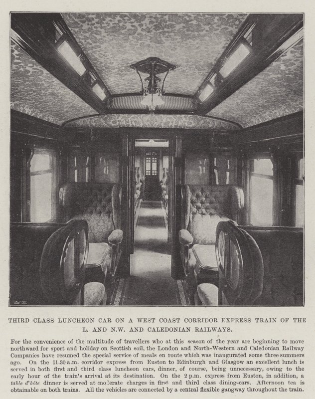 Obědový vůz třetí třídy na expresním vlaku na západním pobřeží koridoru L a NW a Caledonian Railways od English Photographer