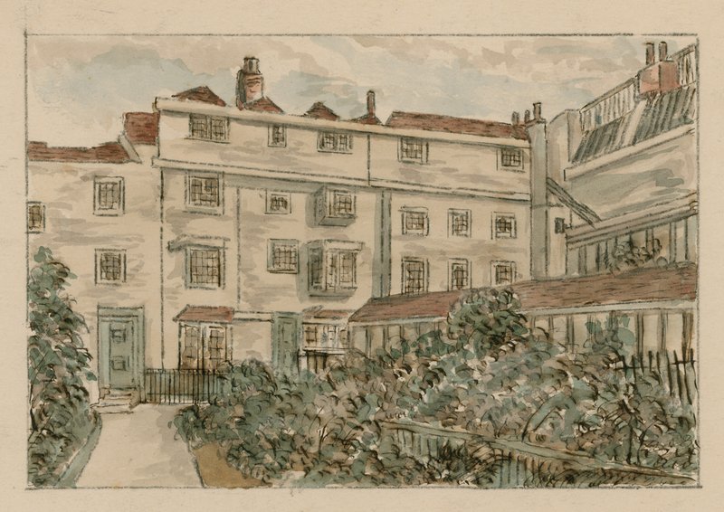 13-15 Nevilles Court, Fetter Lane, Holborn, z náčrtu v roce 1900 (wc na papíře) od English School