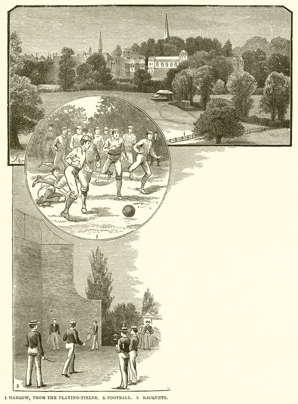 1. Harrow, z herních polí. 2. Fotbal. 3. Rakety od English School