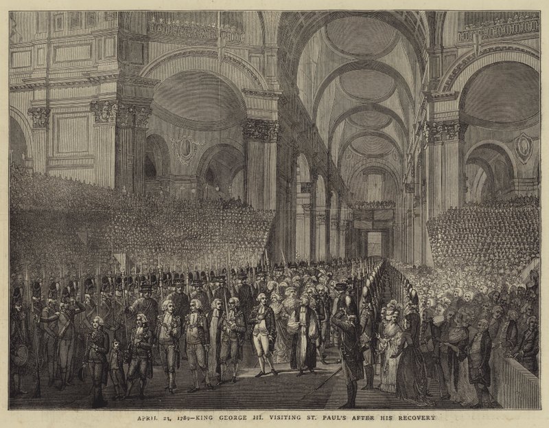 23 dubna 1789, král Jiří III na návštěvě u svatého Pavla po jeho zotavení (rytina) od English School