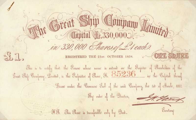 Akciový certifikát v hodnotě 1 GBP vydaný společností The Great Ship Company Limited od English School