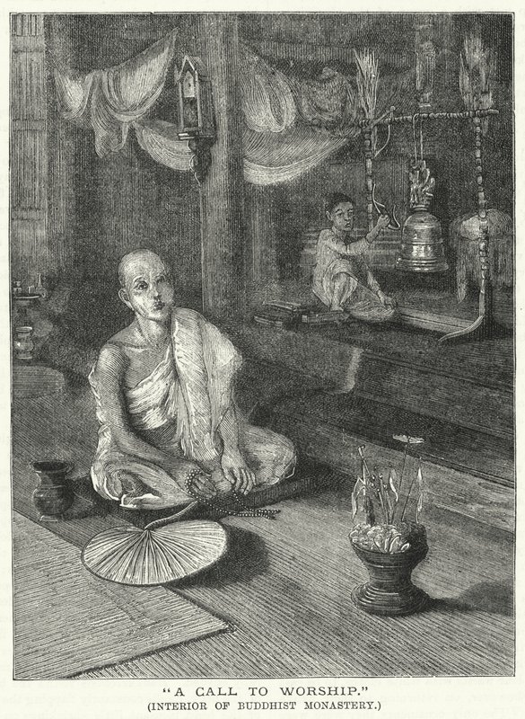 "Výzva k uctívání," Interiér buddhistického kláštera (rytina) od English School