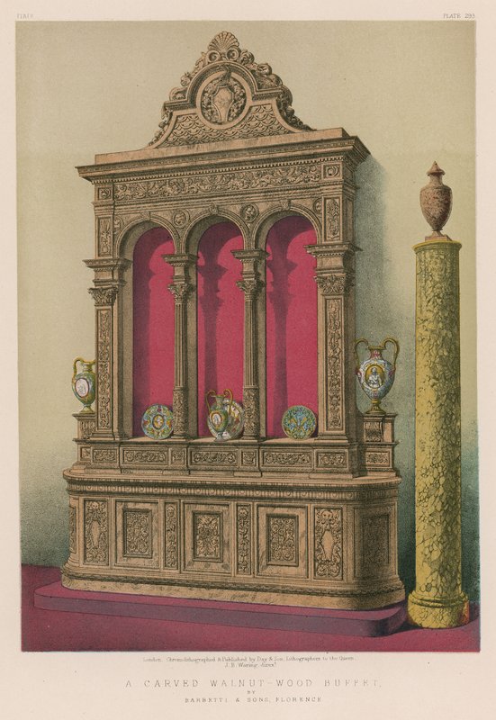 Vyřezávaný bufet z ořechového dřeva od Barbetti and Sons, Florencie od English School