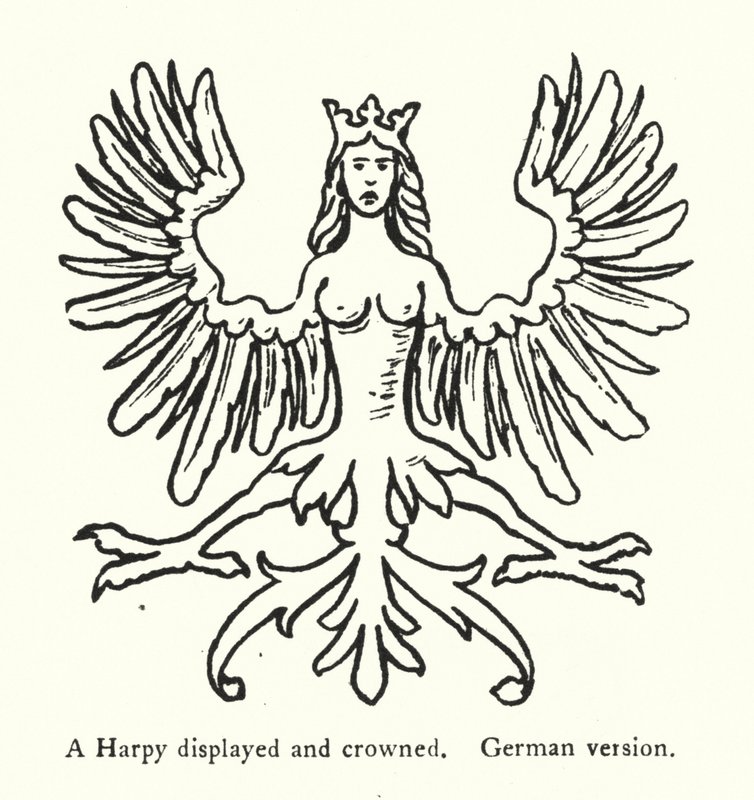 Harpyje zobrazena a korunována, německá verze (rytina) od English School