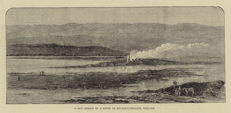 Horký pramen v řece v Reykholtsdalur, Island (rytina) od English School