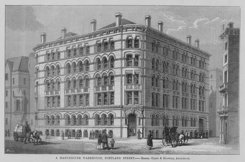 A Manchester Warehouse, Portland Street, pánové Clegg a Knowles, architekti. Ilustrace pro The Builder od English School