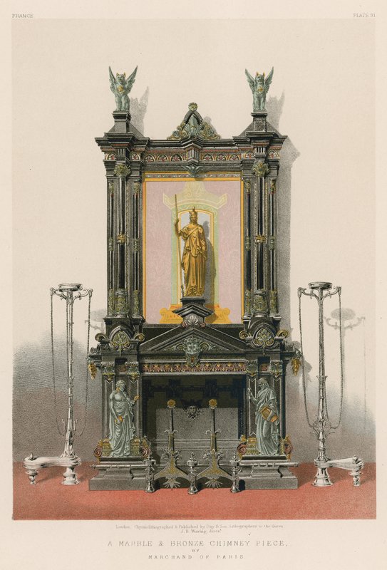 Mramorový a bronzový komínový kus od Marchanda z Paříže (chromolit) od English School