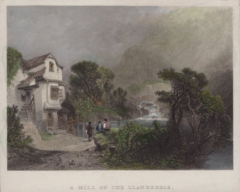 Mlýn na Llanberris (barevná rytina) od English School
