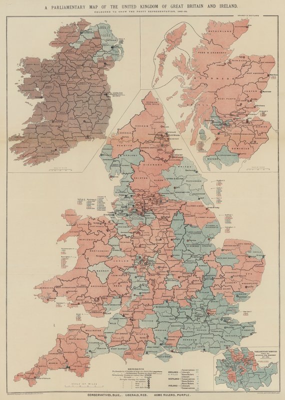 Parlamentní mapa Spojeného království Velké Británie a Irska (barevná litografie) od English School