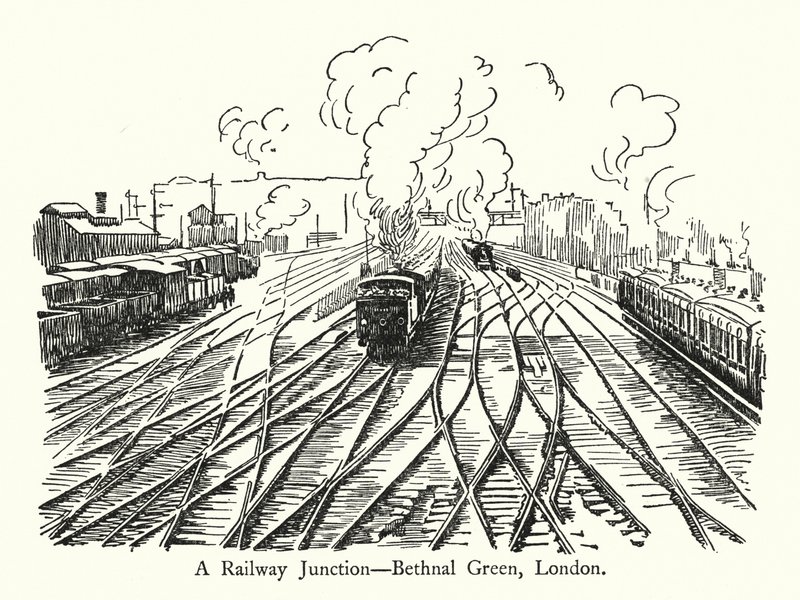 Železniční křižovatka, Bethnal Green, Londýn (litho) od English School