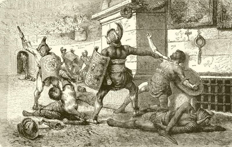 Římský svátek. Boj gladiátorů. The Vanquished apelující na diváky od English School