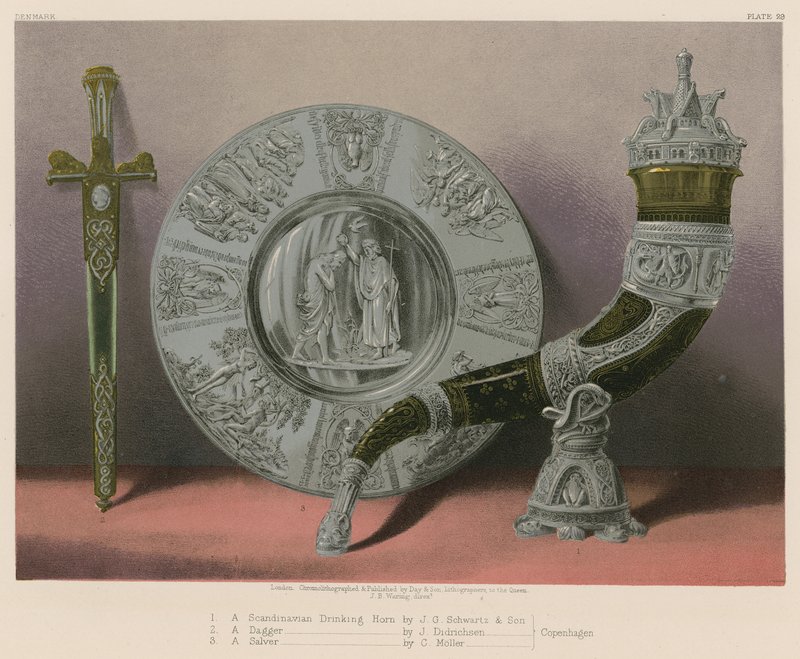 Skandinávský roh od JG Schwartze a syna, Dýka od J Didrichsena, Salver od C Mollera, Kodaň od English School