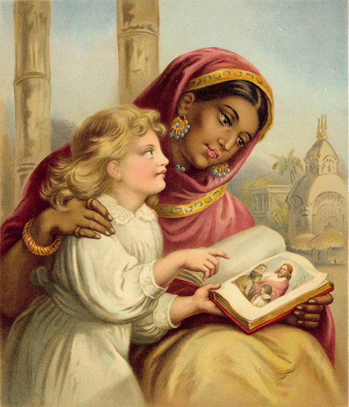 Lekce Písma - indická dívka vyučující anglické dítě od English School
