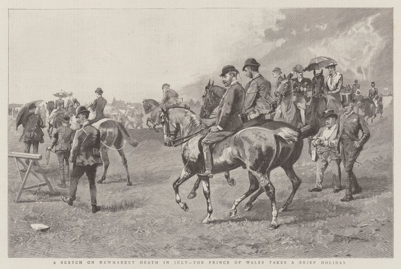 Skica na Newmarket Heath v červenci, princ z Walesu má krátkou dovolenou (rytina) od English School