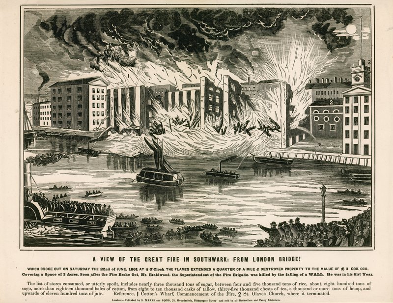 Pohled na Velký požár v Southwarku z London Bridge od English School
