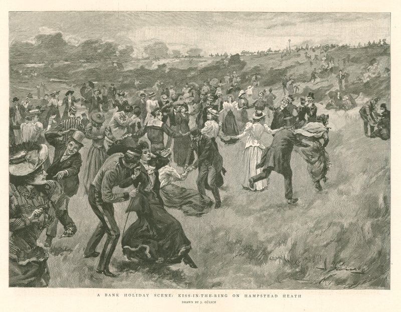 Scéna z bankovních svátků: Kiss-in-the-King na Hampstead Heath od English School