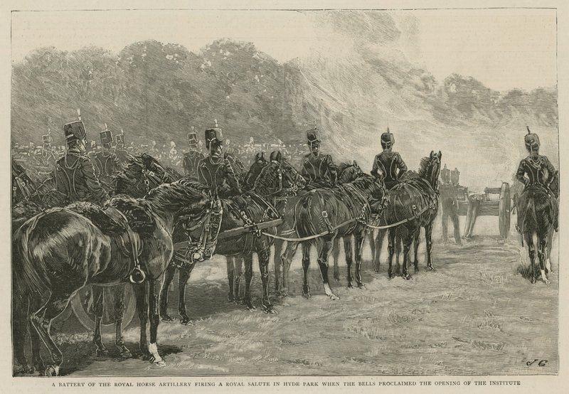 Baterie Royal Horse Artillery střílející královský pozdrav v Hyde Parku, když zvony oznamovaly otevření Imperial Institute od English School