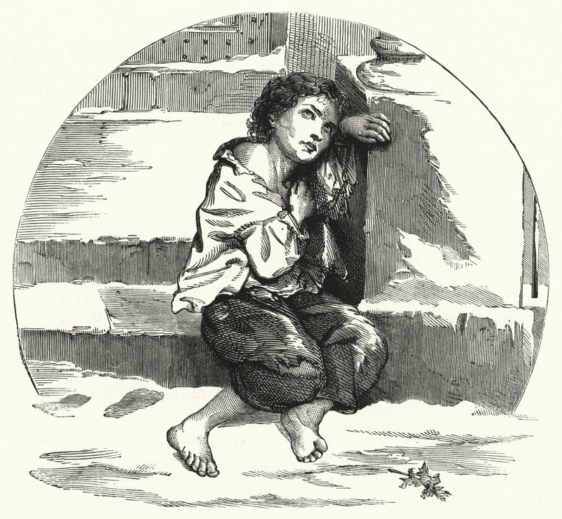 Chlapec žebrající ve sněhu (litho) od English School