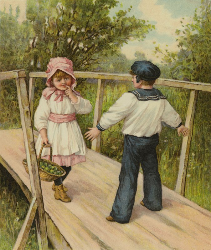 Chlapec říká dívce, že musí zaplatit mýtné, aby mohla přejít most, na kterém stojí od English School