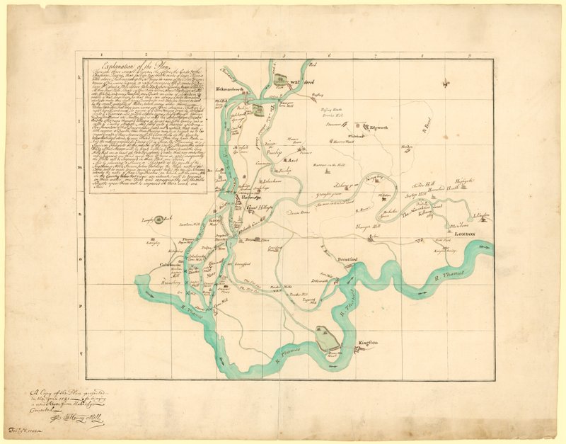 Kopie plánu projektovaného v roce 1721 na přivedení nové řeky z Uxbridge, opraveno 6. února 1766 od English School