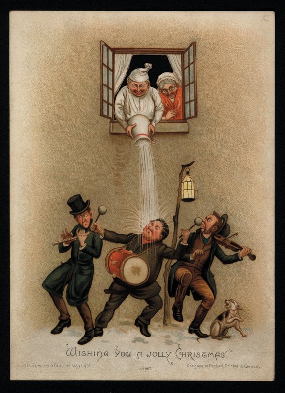 Pár protestující proti koledníkům za jejich oknem, vánoční přání (chromolitho) od English School