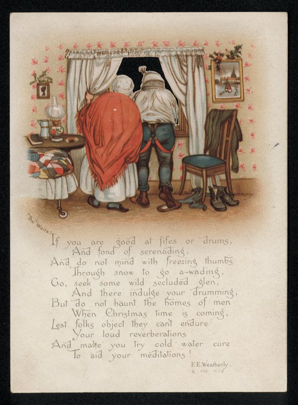 Pár protestující proti koledníkům za jejich oknem, vánoční přání. (chromolitho) od English School