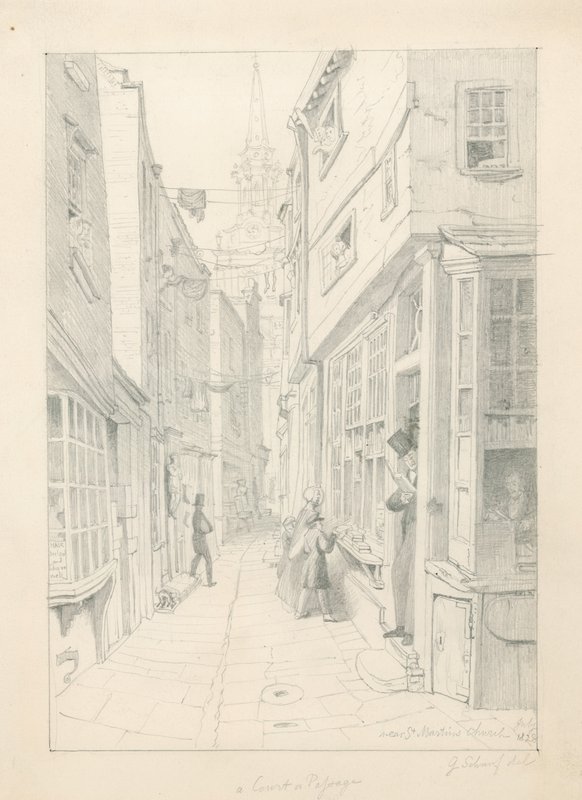 Soud nebo průchod poblíž kostela St Martins, Londýn, červenec 1828 od English School