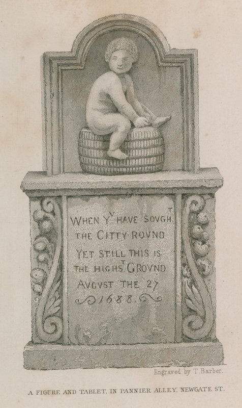 Postava a tablet v Pannier Alley, Newgate Street od English School