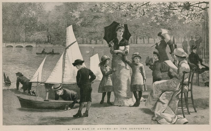 Krásný podzimní den u Serpentine, Hyde Park, Londýn od English School