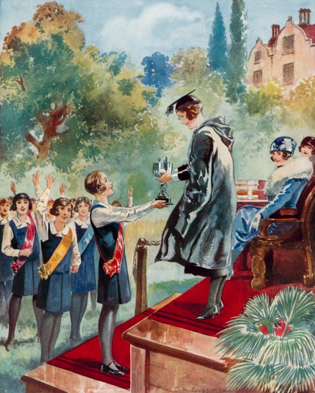 Triumf čtvrté třídy: žákyně při předávání trofeje (barevná litografie) od English School