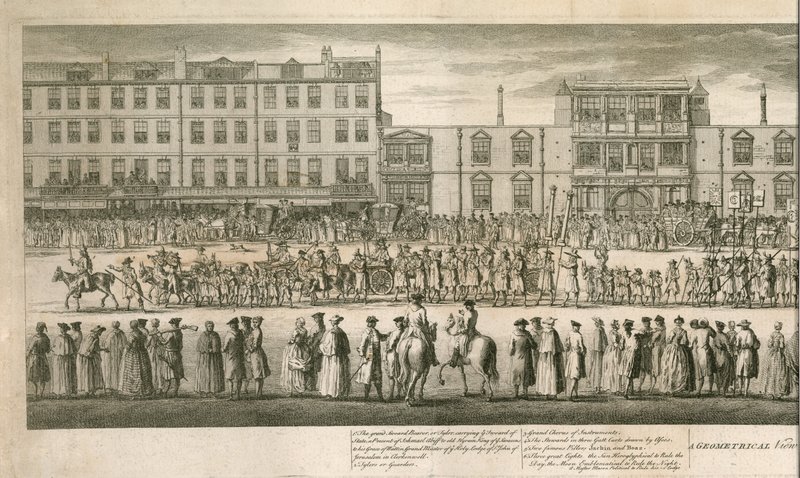Geometrický pohled na velkolepý průvod zednářů Scald Miserable, Somerset House, Londýn od English School