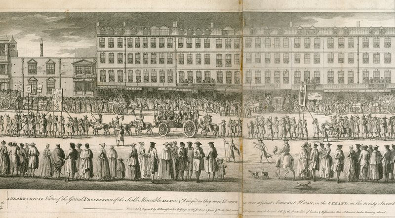 Geometrický pohled na velký průvod Scald Miserable Masons, Somerset House, Londýn od English School