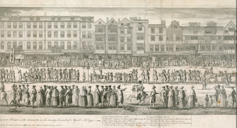 Geometrický pohled na velkolepý průvod zednářů Scald Miserable, Somerset House, Londýn od English School