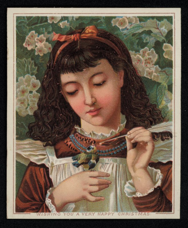 Dívka krmení modřinky, vánoční přání. (chromolitho) od English School