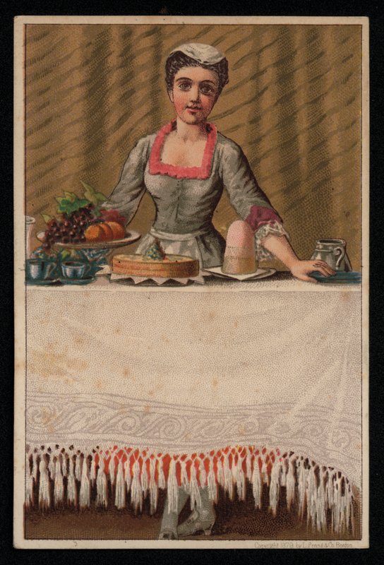 Pokojská nebo obsluhující dívka, kterým se stůl s jídlem, blahopřání. (chromolitho) od English School