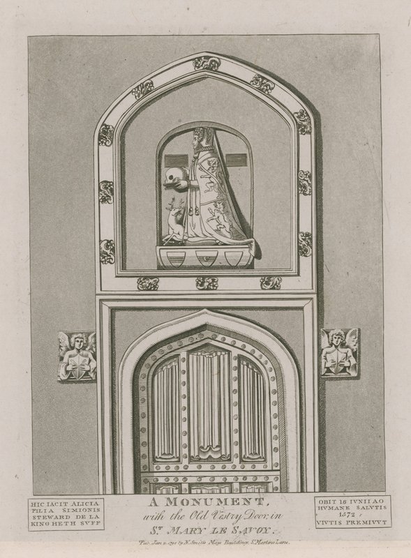 Pomník se starou sakristií v St Mary le Savoy od English School
