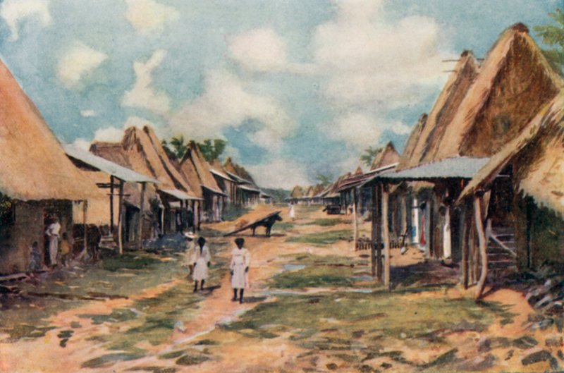 Domorodá vesnice, Panama (barevná litografie) od English School