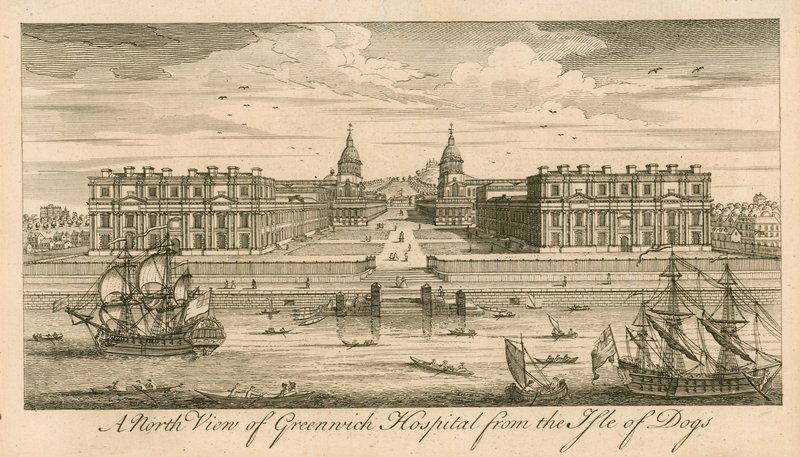 Severní pohled na Greenwich Hospital, Londýn, z Isle of Dogs od English School