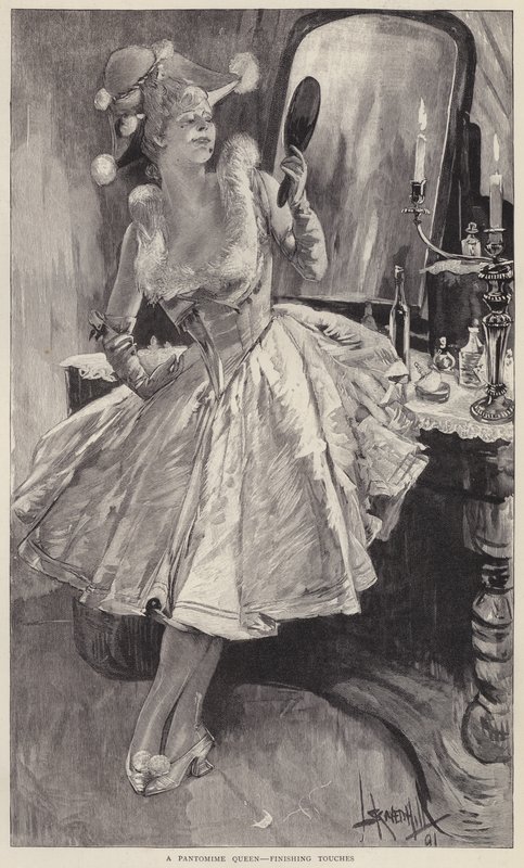 Královna pantomimy, která dotváří svůj make-up (litho) od English School