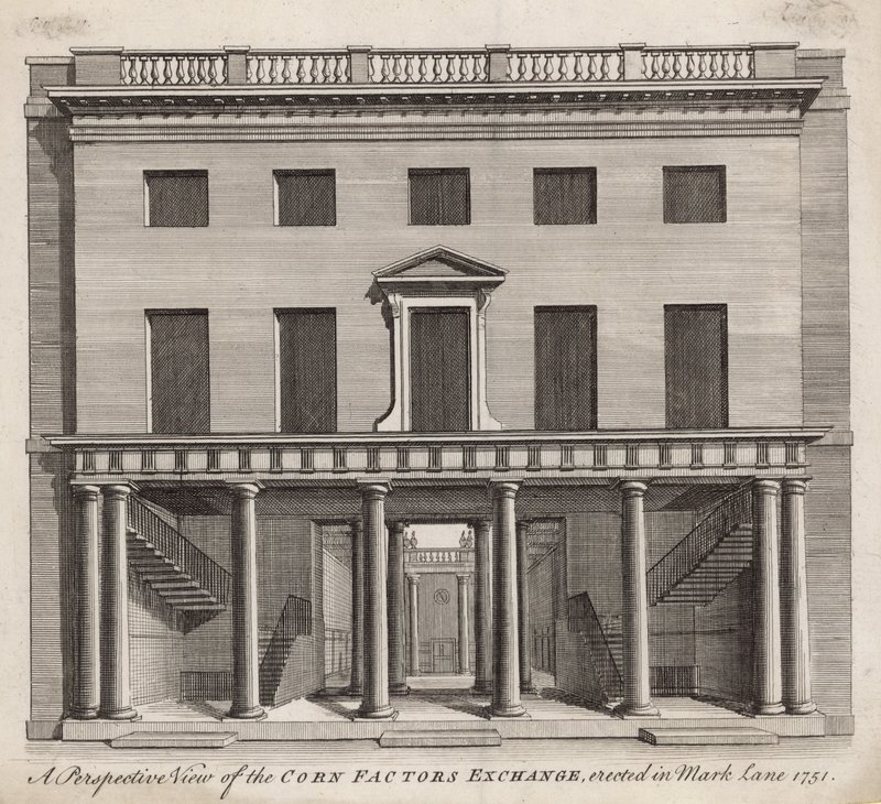 Perspektivní pohled na Corn Factors Exchange, postavený v Mark Lane 1751 od English School