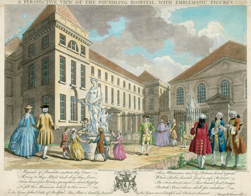 Perspektivní pohled na Foundling Hospital s emblematickými postavami od English School