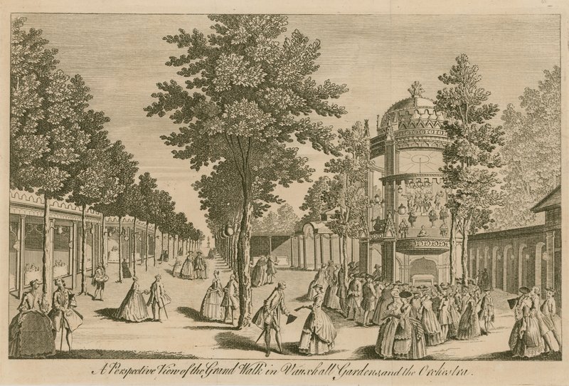 Perspektivní pohled na Grand Walk ve Vauxhall Gardens, Londýn a The Orchestra od English School